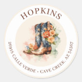 Cowgirl laarzen met bloemen retour adreslabels ronde sticker (Voorkant)