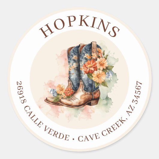 Cowgirl laarzen met bloemen retour adreslabels ronde sticker (Voorkant)