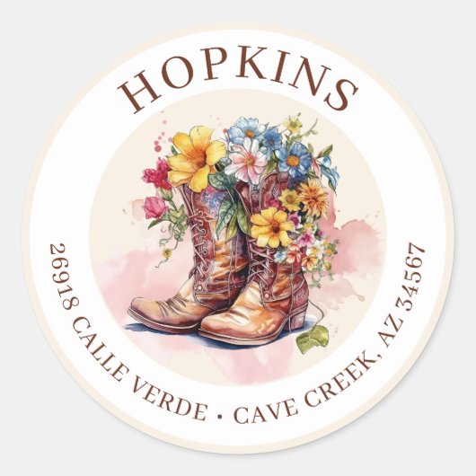 Cowgirl laarzen met bloemen retour adreslabels ronde sticker (Voorkant)