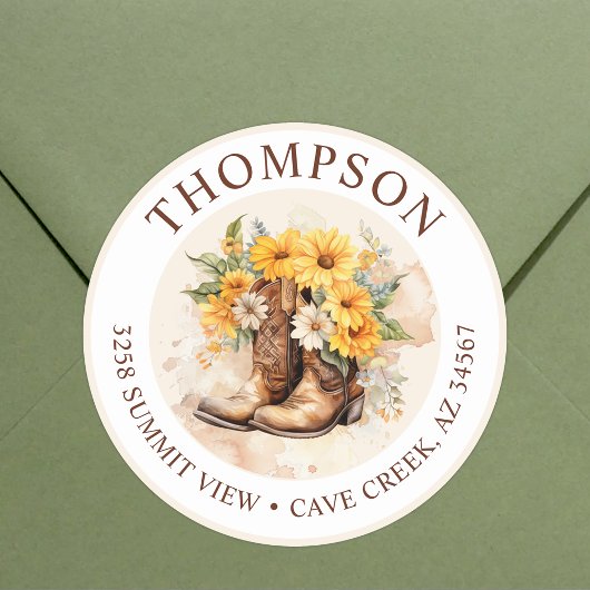 Cowgirl laarzen met bloemen retour adreslabels ronde sticker