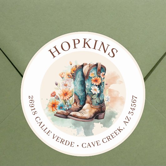 Cowgirl laarzen met bloemen retour adreslabels ronde sticker