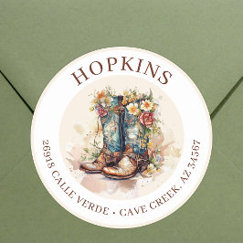 Cowgirl laarzen met bloemen retour adreslabels ronde sticker