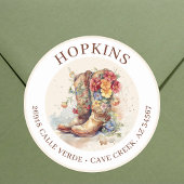 Cowgirl laarzen met bloemen retour adreslabels ronde sticker