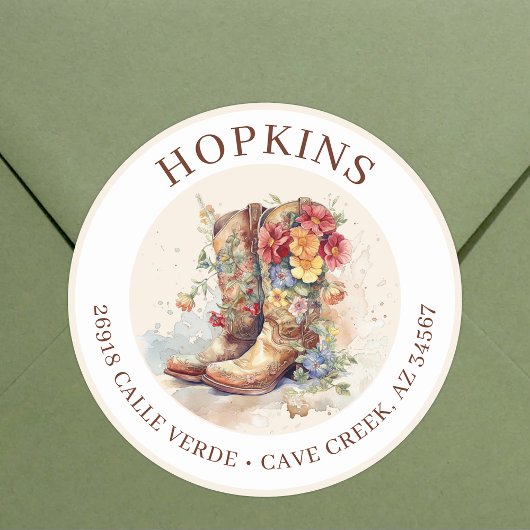 Cowgirl laarzen met bloemen retour adreslabels ronde sticker