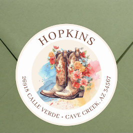 Cowgirl laarzen met bloemen retour adreslabels ronde sticker