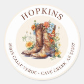 Cowgirl laarzen met bloemen retour adreslabels ronde sticker (Voorkant)