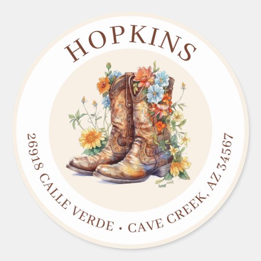 Cowgirl laarzen met bloemen retour adreslabels ronde sticker (Voorkant)