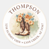 Cowgirl laarzen met bloemen retour adreslabels ronde sticker (Voorkant)