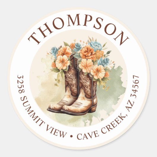 Cowgirl laarzen met bloemen retour adreslabels ronde sticker (Voorkant)
