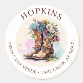 Cowgirl laarzen met bloemen retour adreslabels ronde sticker (Voorkant)