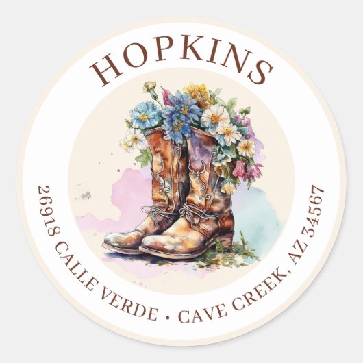 Cowgirl laarzen met bloemen retour adreslabels ronde sticker (Voorkant)
