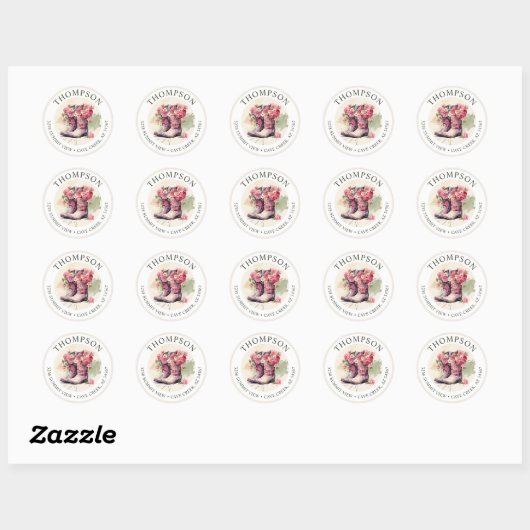 Cowgirl laarzen met bloemen retour adreslabels ronde sticker (Vel)