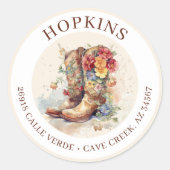 Cowgirl laarzen met bloemen retour adreslabels ronde sticker (Voorkant)