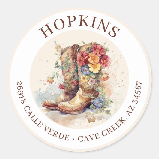 Cowgirl laarzen met bloemen retour adreslabels ronde sticker (Voorkant)