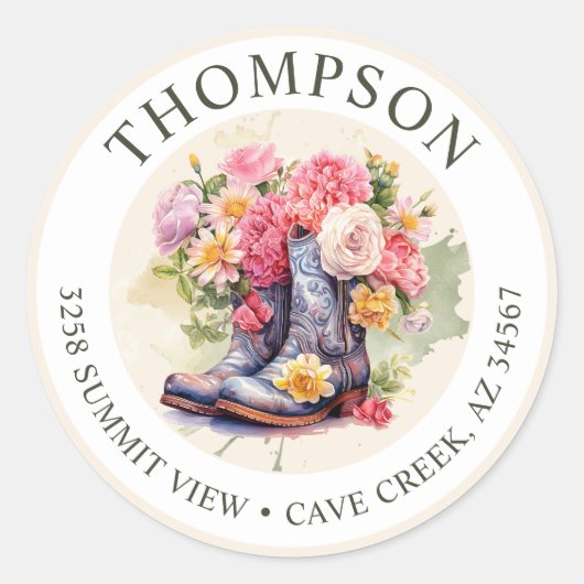 Cowgirl laarzen met bloemen retour adreslabels ronde sticker (Voorkant)