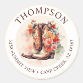 Cowgirl laarzen met bloemen retour adreslabels ronde sticker (Voorkant)