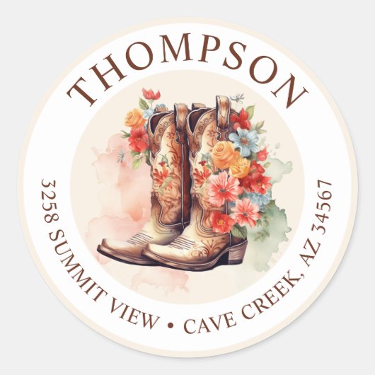 Cowgirl laarzen met bloemen retour adreslabels ronde sticker (Voorkant)