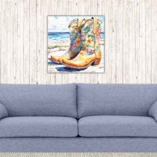 Cowgirl laarzen met Hawaiian Floral Waterverf Canvas Afdruk