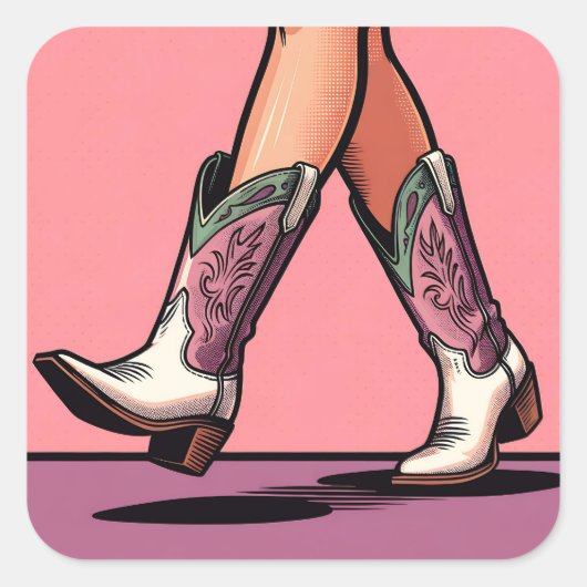 Cowgirl-laarzen met loopstang Coquette Pop Art Sti Vierkante Sticker (Voorkant)