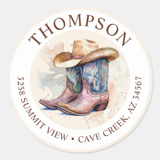 Cowgirl laarzen met Pet retour adreslabel Ronde Sticker (Voorkant)