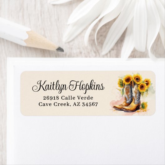Cowgirl laarzen met zonnebloemen retour adreslabel etiket (Insitu)