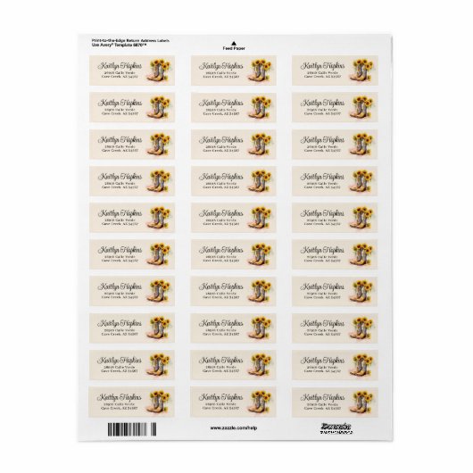 Cowgirl laarzen met zonnebloemen retour adreslabel etiket (Full Sheet)