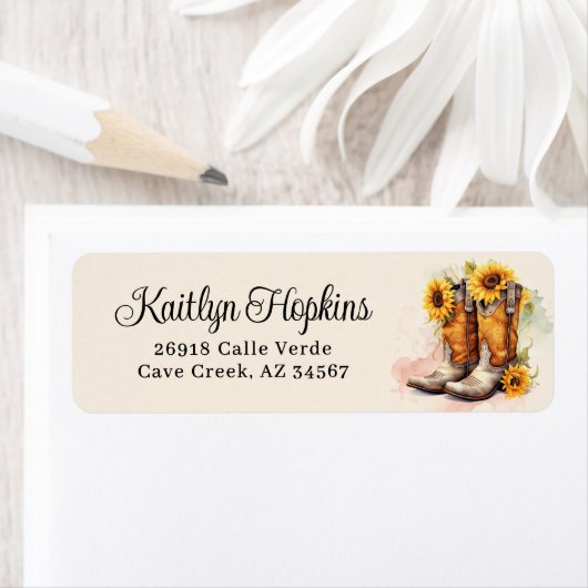 Cowgirl laarzen met zonnebloemen retour adreslabel etiket (Insitu)