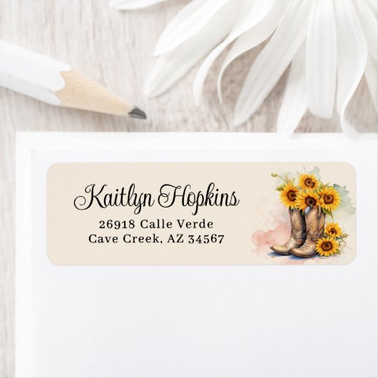 Cowgirl laarzen met zonnebloemen retour adreslabel etiket (Insitu)