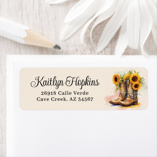 Cowgirl laarzen met zonnebloemen retour adreslabel etiket (Insitu)