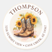 Cowgirl laarzen met zonnebloemen retour adreslabel ronde sticker (Voorkant)