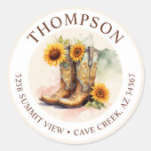 Cowgirl laarzen met zonnebloemen retour adreslabel ronde sticker (Voorkant)