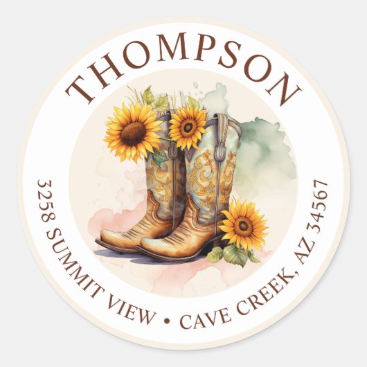 Cowgirl laarzen met zonnebloemen retour adreslabel ronde sticker (Voorkant)