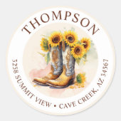 Cowgirl laarzen met zonnebloemen retour adreslabel ronde sticker (Voorkant)
