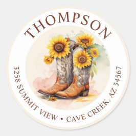 Cowgirl Laarzen Met Zonnebloemen Retouradreslabel Ronde Sticker