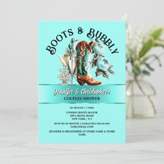 Cowgirl laarzen pioen aqua blauwgroen bloemig bubb kaart (Staand voorkant)