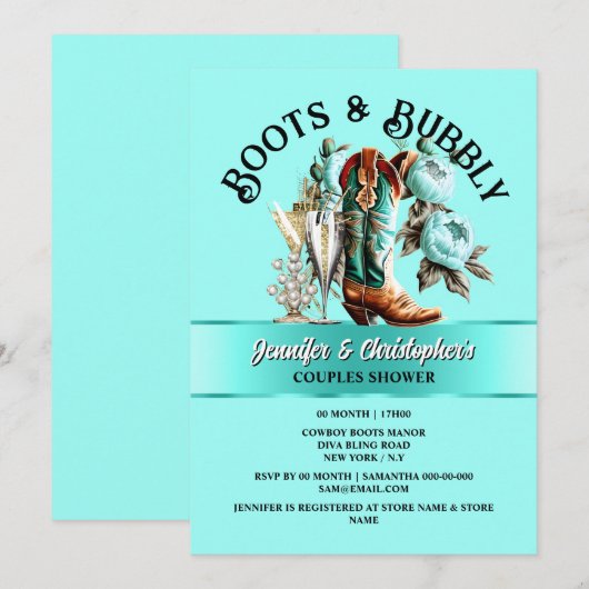 Cowgirl laarzen pioen aqua blauwgroen bloemig bubb kaart (Voorkant / Achterkant)