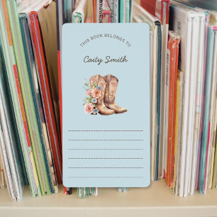 Cowgirl Laarzen roze bloemen bibliotheek boekplate Etiket
