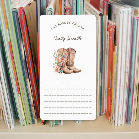 Cowgirl Laarzen roze bloemen bibliotheek boekplate Etiket