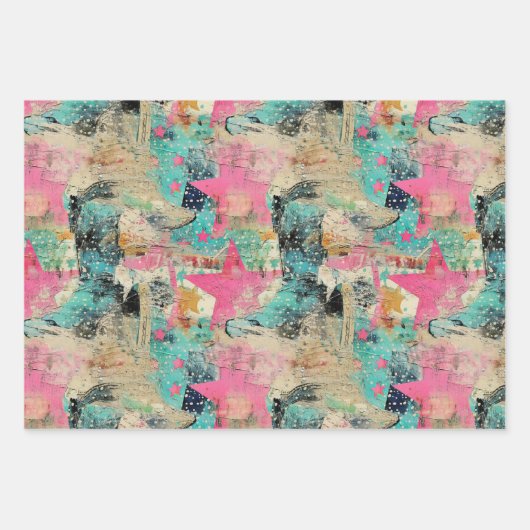 Cowgirl laarzen sterren roze turquoise set 3 geass inpakpapier vel (Voorkant 3)