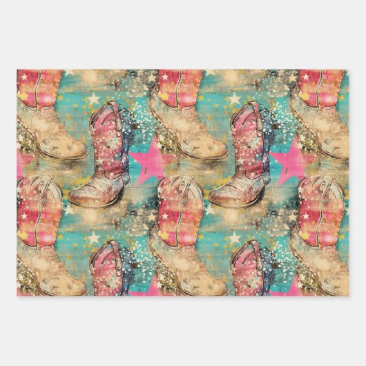 Cowgirl laarzen sterren roze turquoise set 3 geass inpakpapier vel (Voorkant 2)