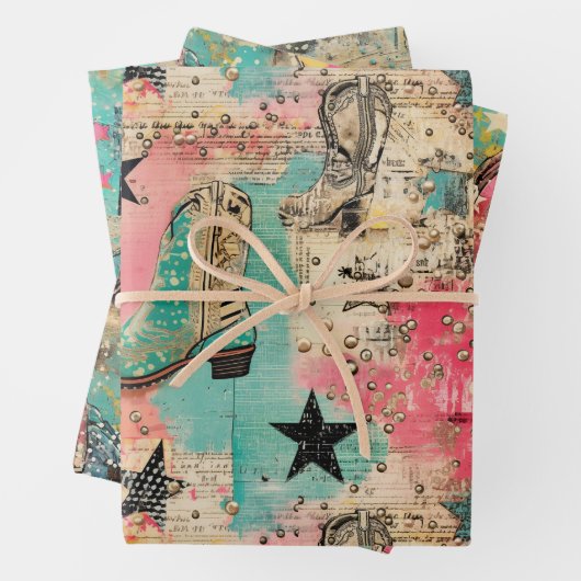 Cowgirl laarzen sterren roze turquoise set 3 geass inpakpapier vel (In situ)