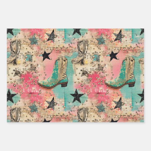 Cowgirl laarzen sterren roze turquoise set 3 geass inpakpapier vel (Voorkant)