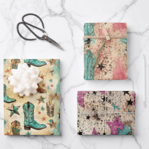 Cowgirl laarzen sterren roze turquoise set 3 geass inpakpapier vel