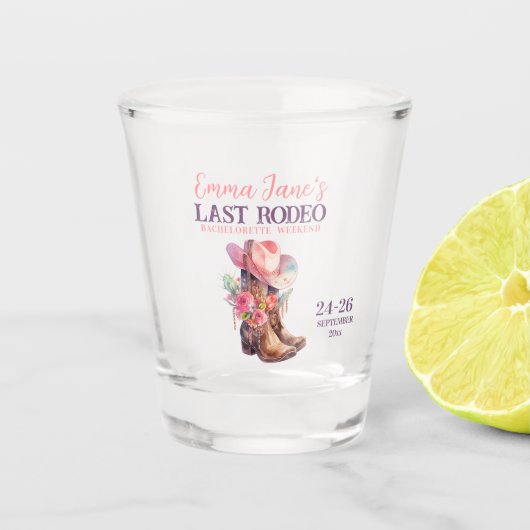 Cowgirl Laatste Rodeo Roze Bachelorette Shot Glas (Voorkant)