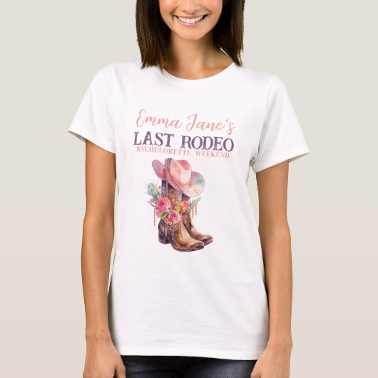 Cowgirl Laatste Rodeo Roze Bachelorette T-shirt (Voorkant)