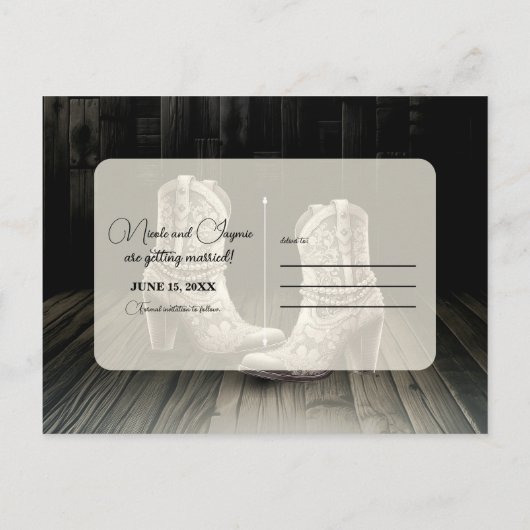 Cowgirl Lace laarzen & witte bloemen opslaan van d Aankondigingskaart (Achterkant)