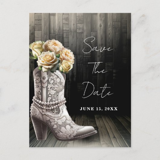 Cowgirl Lace laarzen & witte bloemen opslaan van d Aankondigingskaart (Voorkant)