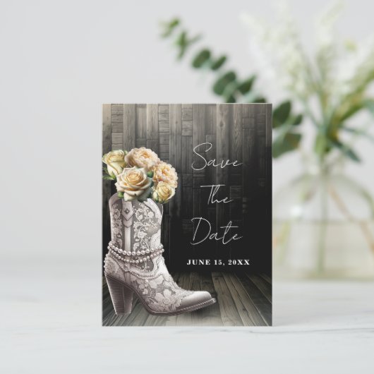 Cowgirl Lace laarzen & witte bloemen opslaan van d Aankondigingskaart (Staand voorkant)
