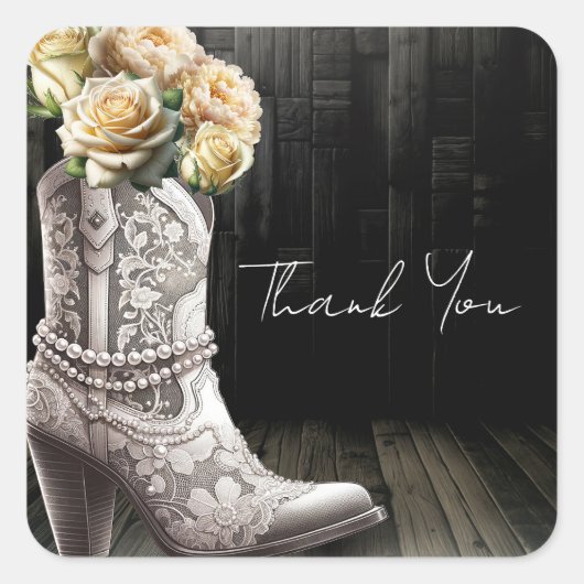 Cowgirl Lace laarzen & witte bloemen rustieke brui Vierkante Sticker (Voorkant)