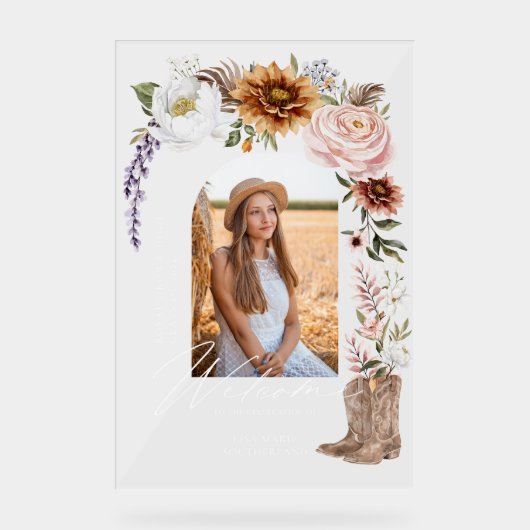 Cowgirl Land Western Foto Afstuderen Welkom Acryl Bord (Voorkant)
